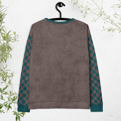 Crewneck Sweatshirt Espresso & Teal Checkered Sleeves 2XS–6XL | Indie Bookish Vibes | “Happiest When Reading” Frog Graphic