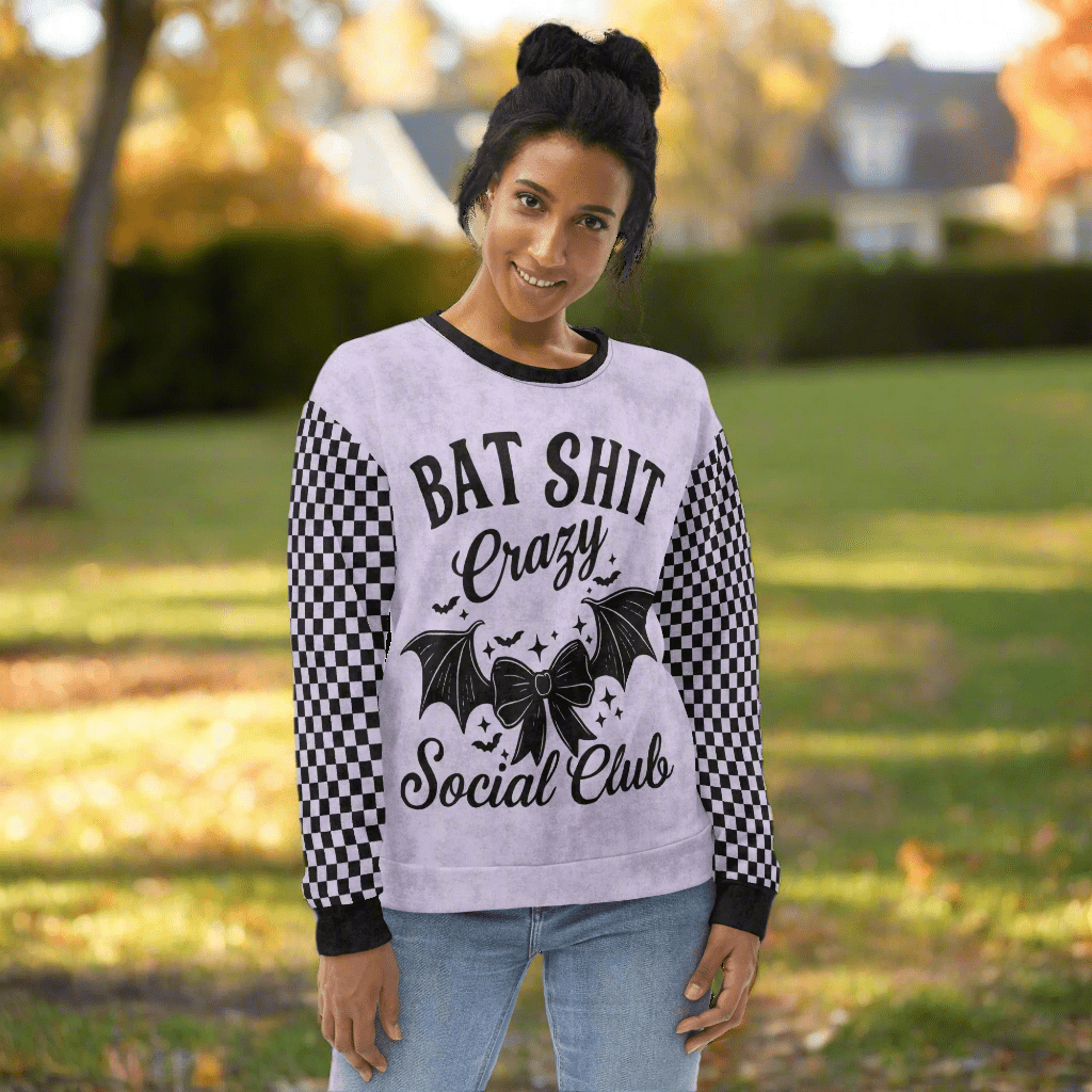 Crewneck Sweatshirt Lavender Checkered Sleeves 2XS–6XL | Funny Halloween Bat Graphic | Bat Shit Crazy Social Club