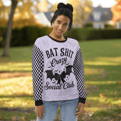 Crewneck Sweatshirt Lavender Checkered Sleeves 2XS–6XL | Funny Halloween Bat Graphic | Bat Shit Crazy Social Club