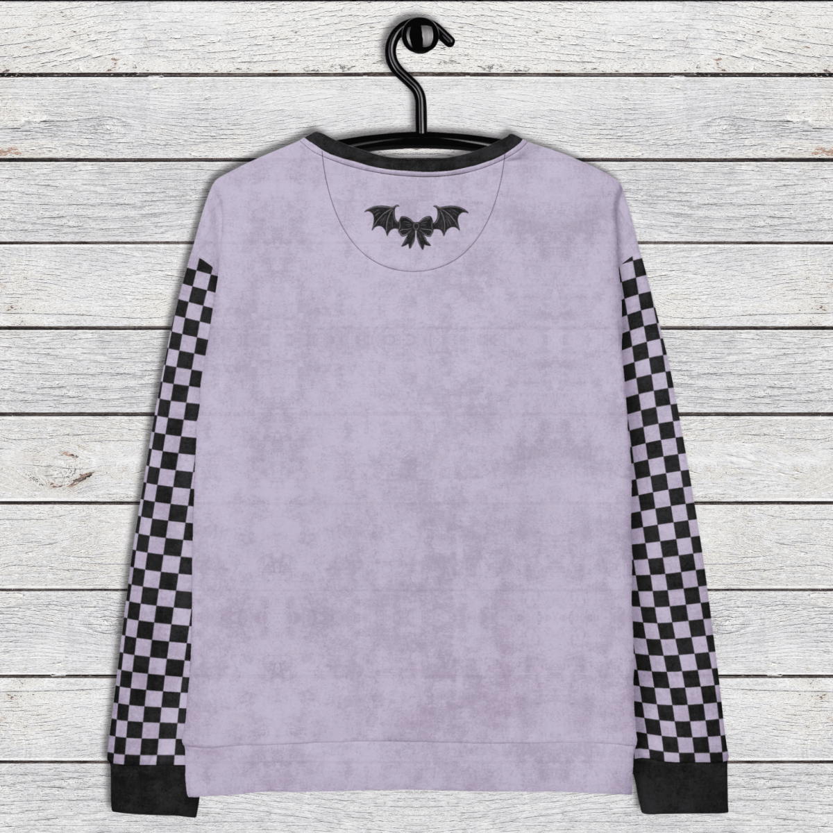 Crewneck Sweatshirt Lavender Checkered Sleeves 2XS–6XL | Funny Halloween Bat Graphic | Bat Shit Crazy Social Club