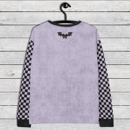 Crewneck Sweatshirt Lavender Checkered Sleeves 2XS–6XL | Funny Halloween Bat Graphic | Bat Shit Crazy Social Club
