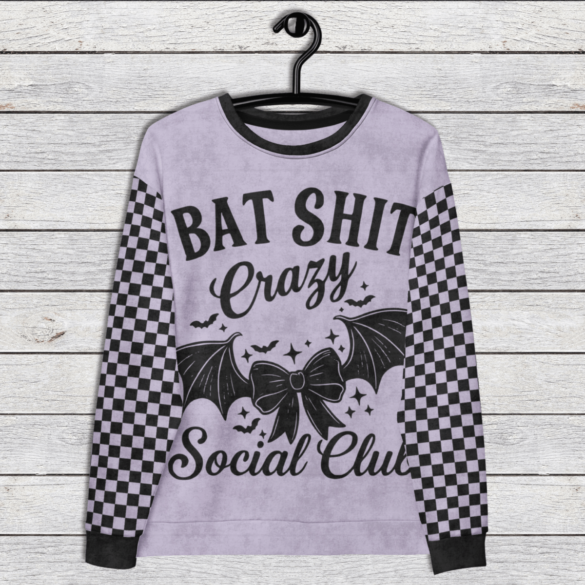 Crewneck Sweatshirt Lavender Checkered Sleeves 2XS–6XL | Funny Halloween Bat Graphic | Bat Shit Crazy Social Club