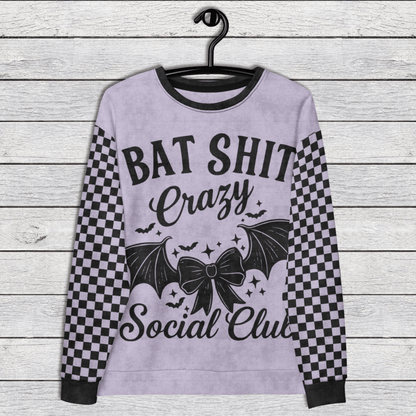 Crewneck Sweatshirt Lavender Checkered Sleeves 2XS–6XL | Funny Halloween Bat Graphic | Bat Shit Crazy Social Club