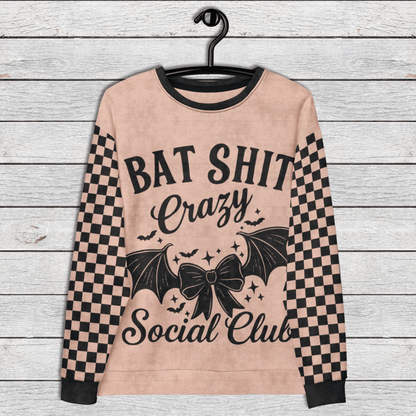 Crewneck Sweatshirt Peach Checkered Sleeves 2XS–6XL | Funny Halloween Bat Graphic | Bat Shit Crazy Social Club