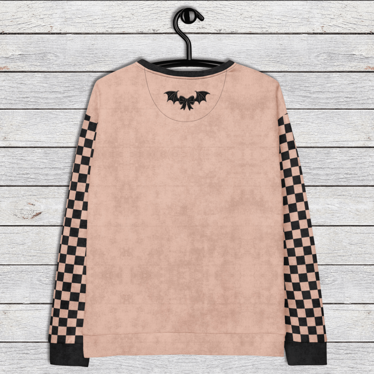 Crewneck Sweatshirt Peach Checkered Sleeves 2XS–6XL | Funny Halloween Bat Graphic | Bat Shit Crazy Social Club