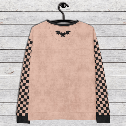 Crewneck Sweatshirt Peach Checkered Sleeves 2XS–6XL | Funny Halloween Bat Graphic | Bat Shit Crazy Social Club