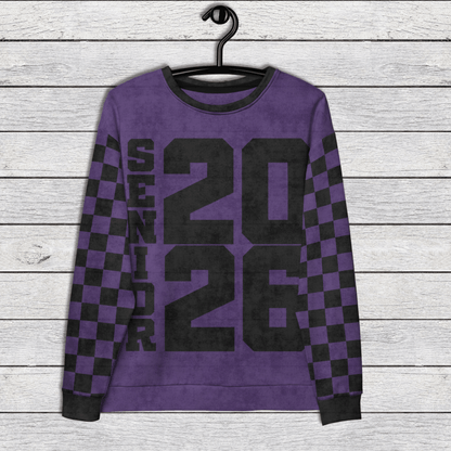 Crewneck Sweatshirt “Senior 2026” | Checkered Sleeve School - Color Varsity Crew 2XS–6XL