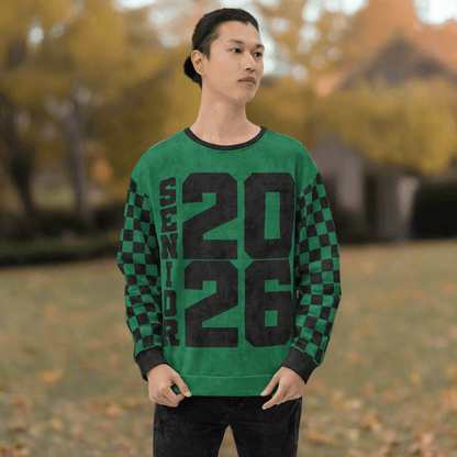 Crewneck Sweatshirt “Senior 2026” | Checkered Sleeve School - Color Varsity Crew 2XS–6XL