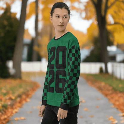 Crewneck Sweatshirt “Senior 2026” | Checkered Sleeve School - Color Varsity Crew 2XS–6XL