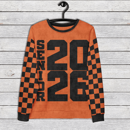Crewneck Sweatshirt “Senior 2026” | Checkered Sleeve School - Color Varsity Crew 2XS–6XL