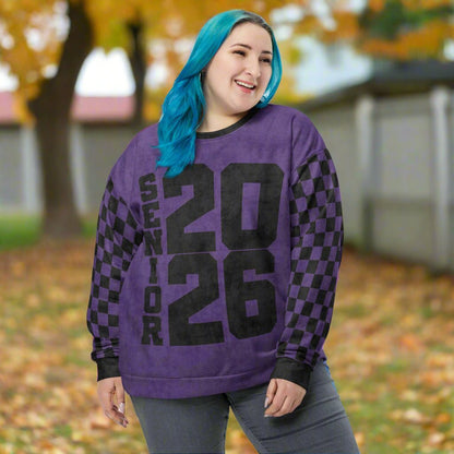 Crewneck Sweatshirt “Senior 2026” | Checkered Sleeve School - Color Varsity Crew 2XS–6XL