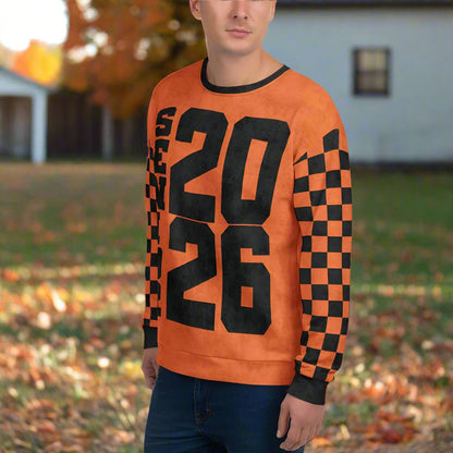 Crewneck Sweatshirt “Senior 2026” | Checkered Sleeve School - Color Varsity Crew 2XS–6XL