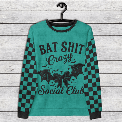 Crewneck Sweatshirt Teal Checkered Sleeves 2XS–6XL | Funny Halloween Bat Graphic | Bat Shit Crazy Social Club