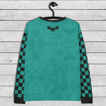 Crewneck Sweatshirt Teal Checkered Sleeves 2XS–6XL | Funny Halloween Bat Graphic | Bat Shit Crazy Social Club