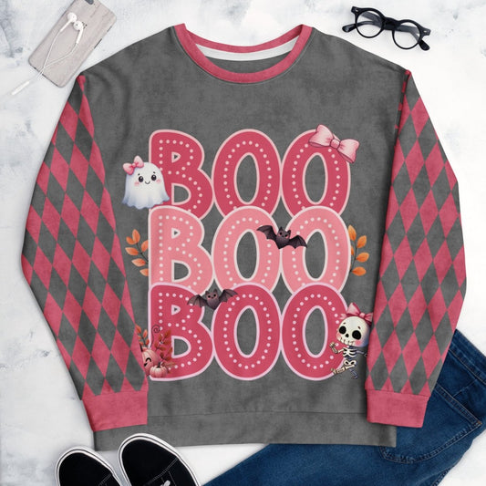Gray sweatshirt with pink 'BOO' text and Halloween graphics on a light gray background