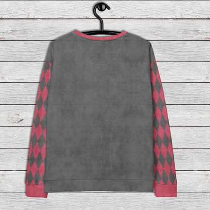 Gray sweatshirt with pink and gray argyle pattern on sleeves, hanging on a wooden surface.