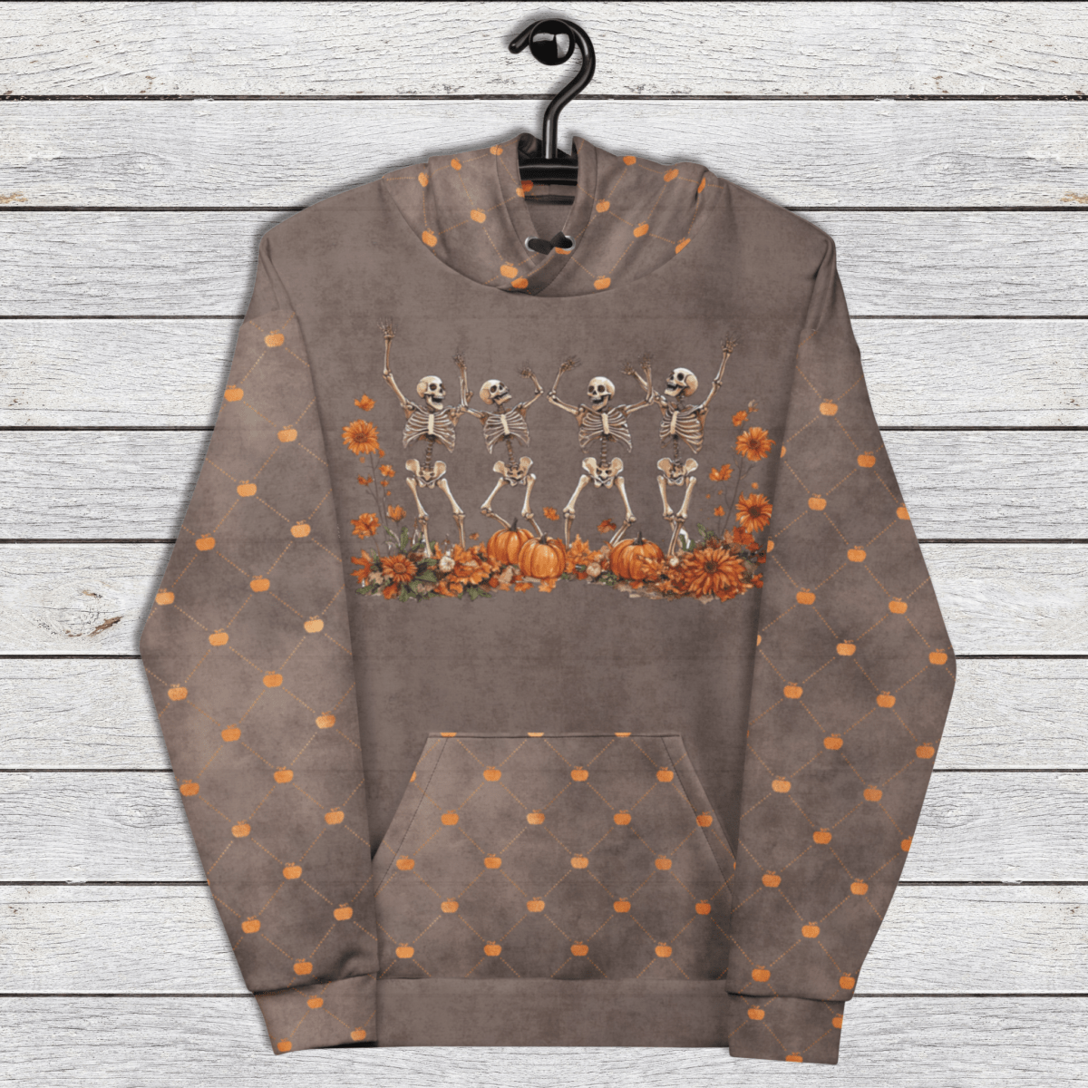 Dancing Skeletons Hoodie – Recycled Unisex Halloween Hoodie with Pumpkins & Fall Florals
