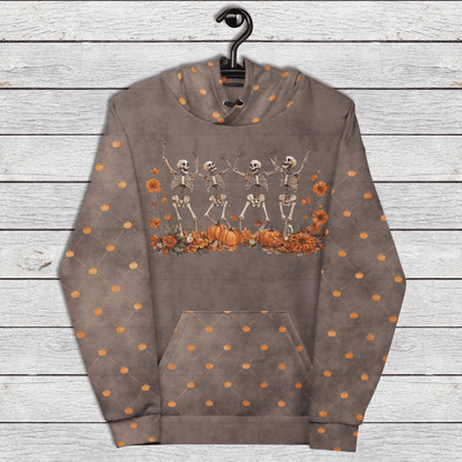Dancing Skeletons Hoodie – Recycled Unisex Halloween Hoodie with Pumpkins & Fall Florals