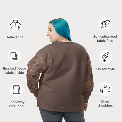 Person wearing a brown sweatshirt with features listed , on a light gray background