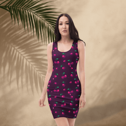 Dark Cherry Bodycon Dress | Bold Fruit Print on Deep Plum - Bodycon Dress