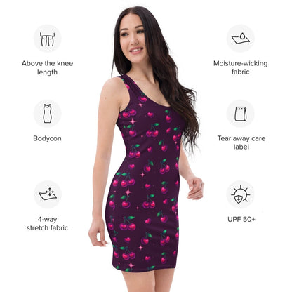 Dark Cherry Bodycon Dress | Bold Fruit Print on Deep Plum - Bodycon Dress