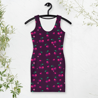 Dark Cherry Bodycon Dress | Bold Fruit Print on Deep Plum - Bodycon Dress