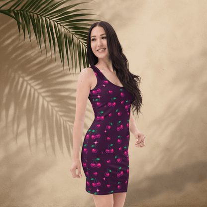 Dark Cherry Bodycon Dress | Bold Fruit Print on Deep Plum - Bodycon Dress