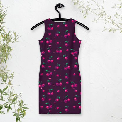 Dark Cherry Bodycon Dress | Bold Fruit Print on Deep Plum - Bodycon Dress