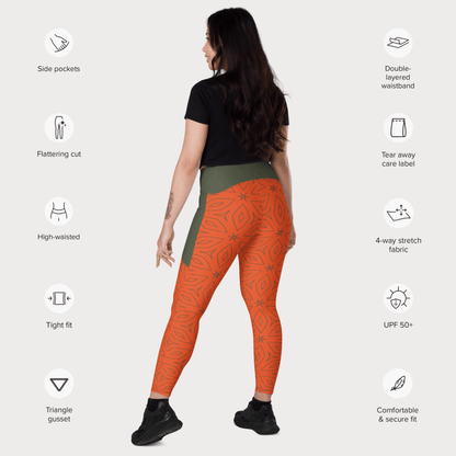 Woman wearing orange leggings with text highlighting features on a white background