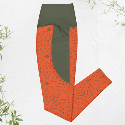 Orange and green leggings with geometric patterns on a white background