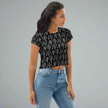 Desert Noir Cropped Tee | Cactus Print Shirt for Desert Dreamers - Crop Tee