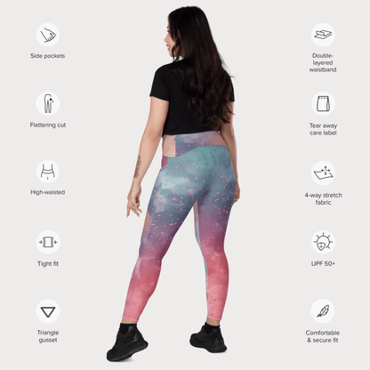Woman wearing colorful leggings with feature icons on a white background