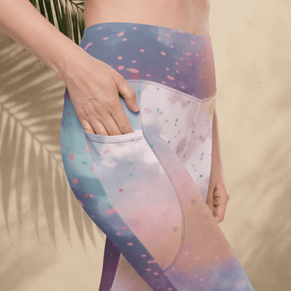 Colorful patterned leggings with a blurred background