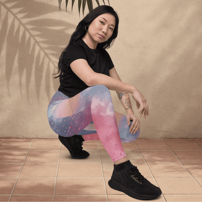Woman wearing colorful leggings and black shoes sitting on a tiled floor.