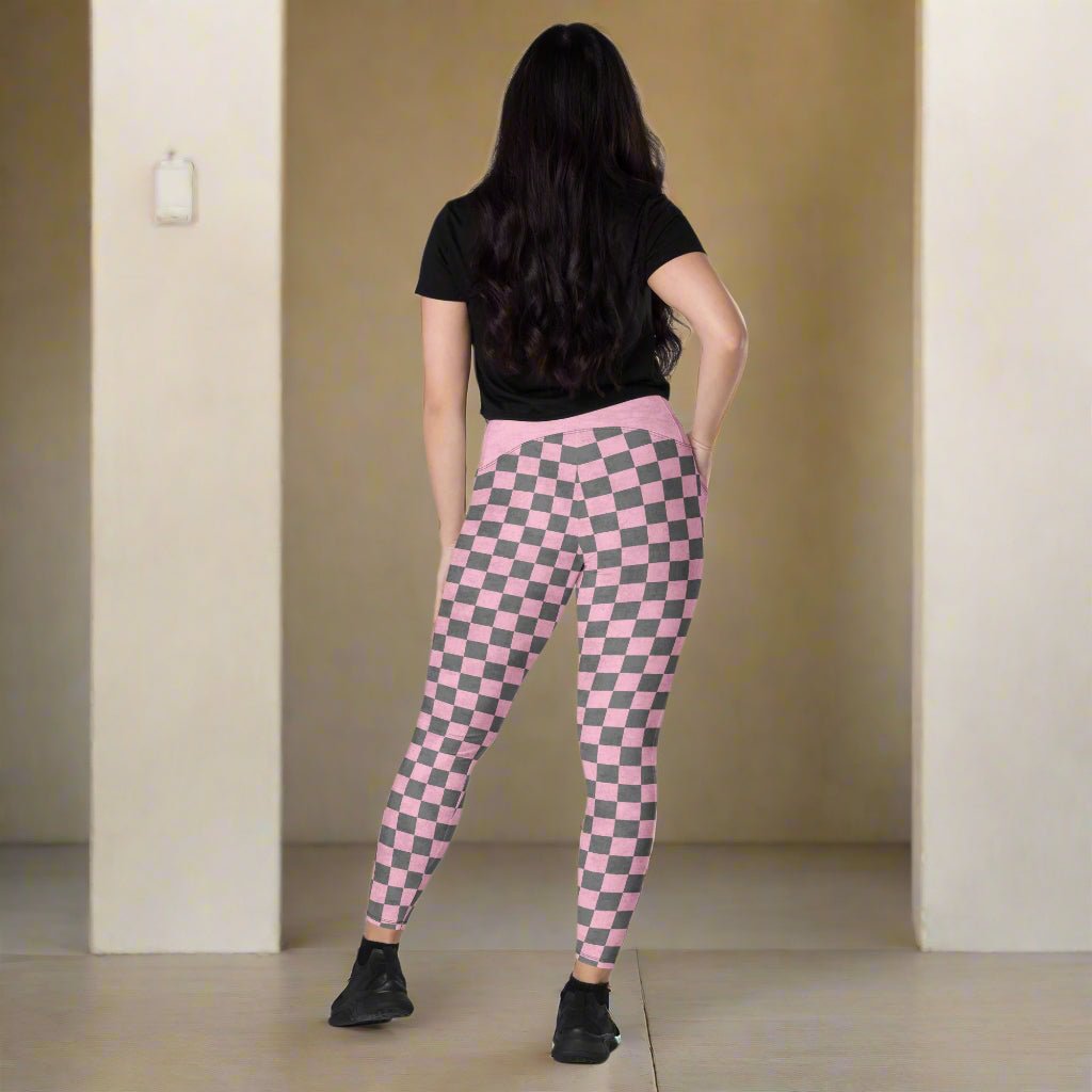rear view of model wearing Pink Checkered Print High-Waisted UPF 50+ Pocket Leggings 2XS–6XL