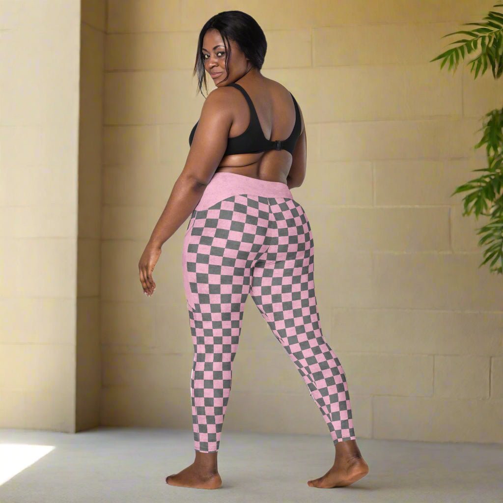 rear facing model wearing Pink Checkered Print High-Waisted UPF 50+ Pocket Leggings 2XS–6XL