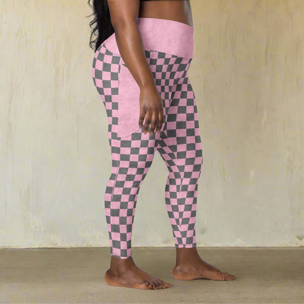 side view of model wearing Pink Checkered Print High-Waisted UPF 50+ Pocket Leggings 2XS–6XL
