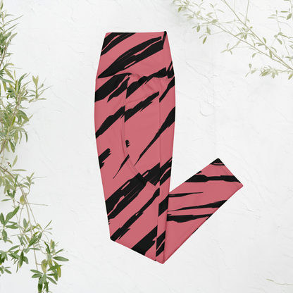 Pink leggings with black tiger stripe pattern on a white background