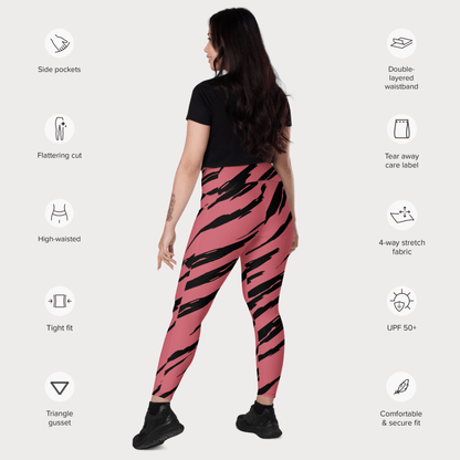 Woman wearing pink and black tiger striped leggings with feature icons on a white background