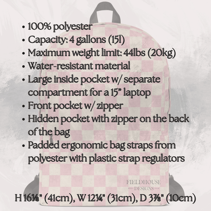 Pink checkered backpack with specifications listed on a textured gray background