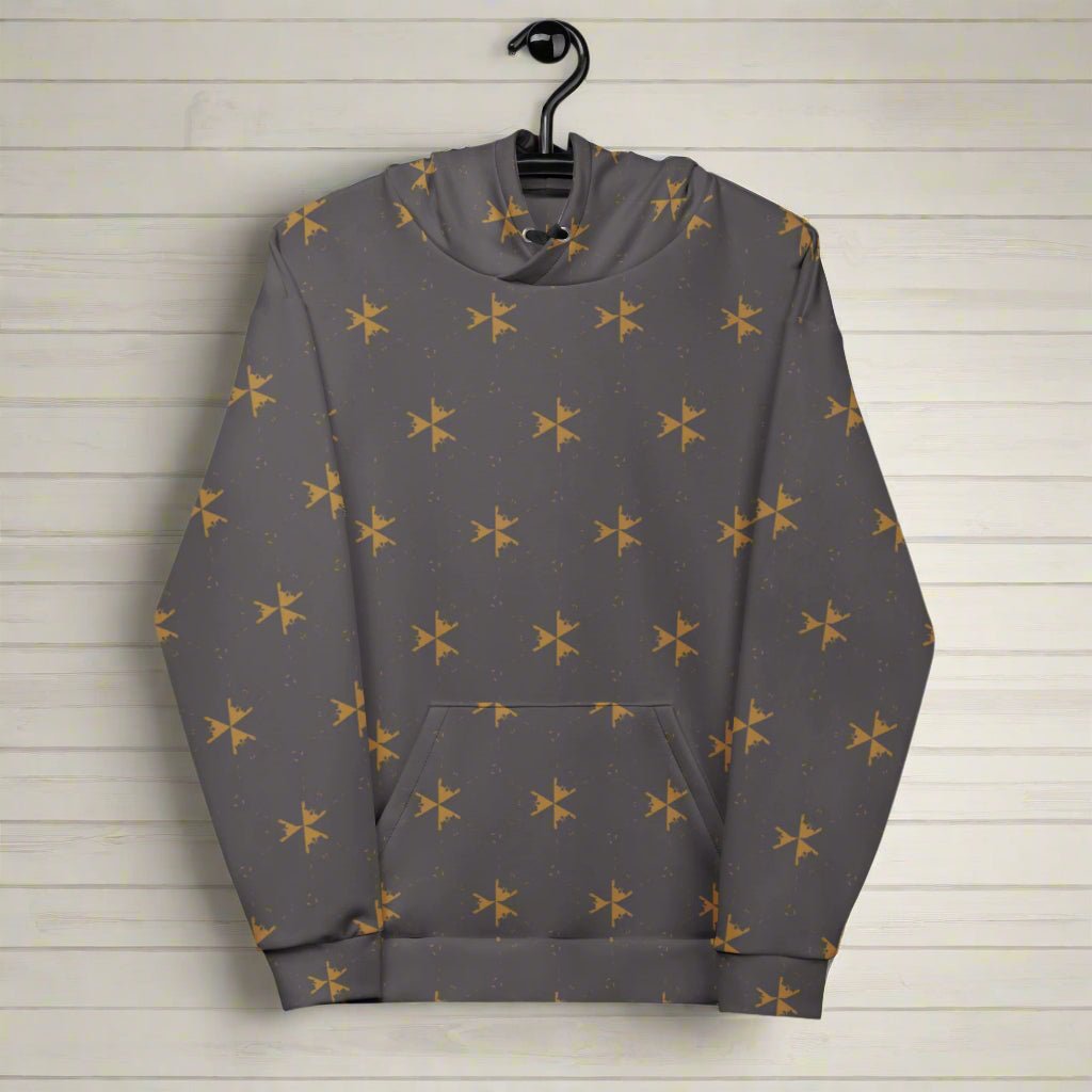 Gray hoodie with star pattern on a hanger against a white background