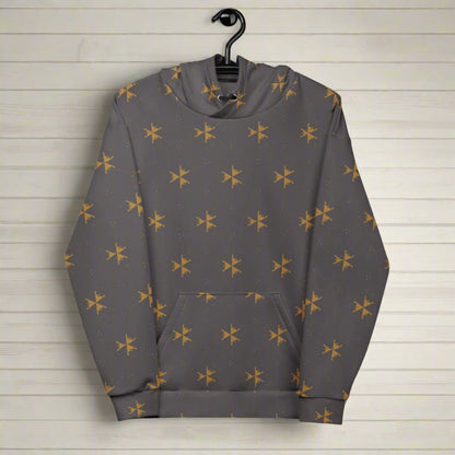Gray hoodie with star pattern on a hanger against a white background