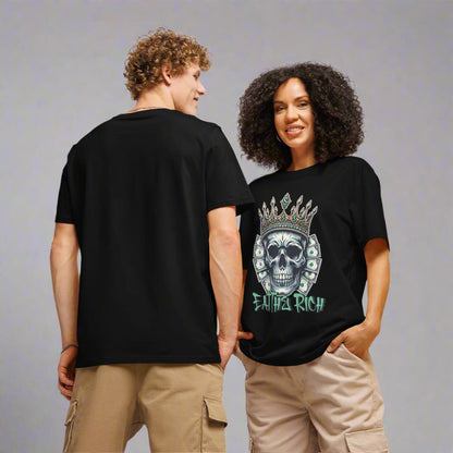 Two people wearing black t-shirts with a skull design and text on a plain background