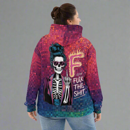 Eco - Friendly Unisex Hoodie – 'F is for Fuck this Shit' Skeleton & Neon Pixel - 2XS - 6XL - Eco - Friendly Hoodie