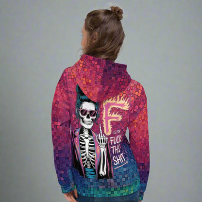 Eco - Friendly Unisex Hoodie – 'F is for Fuck this Shit' Skeleton & Neon Pixel - 2XS - 6XL - Eco - Friendly Hoodie