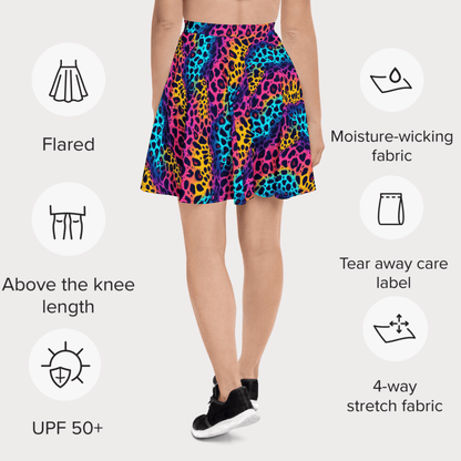 Electric Safari Skater Skirt | Neon Rainbow Leopard Print for Bold 2000s Style