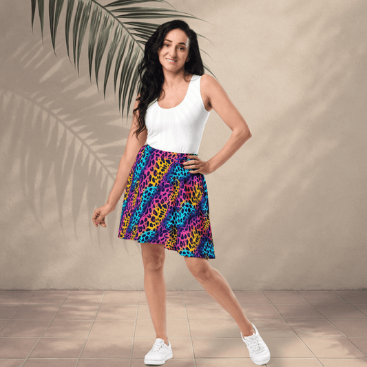 Electric Safari Skater Skirt | Neon Rainbow Leopard Print for Bold 2000s Style