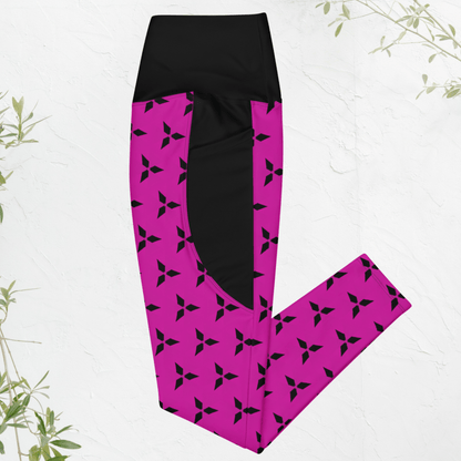 Black and pink leggings with a geometric pattern on a white background