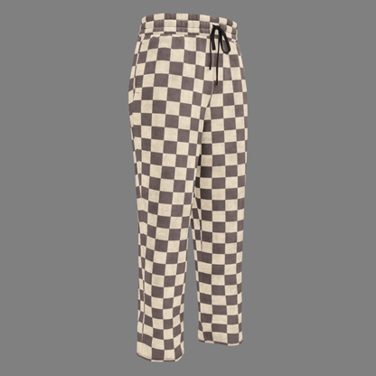 Checkered pants with a drawstring on a gray background
