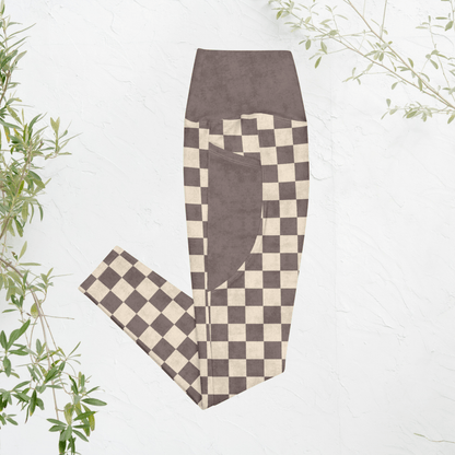 Checkered leggings with espresso and cream pattern on a light background